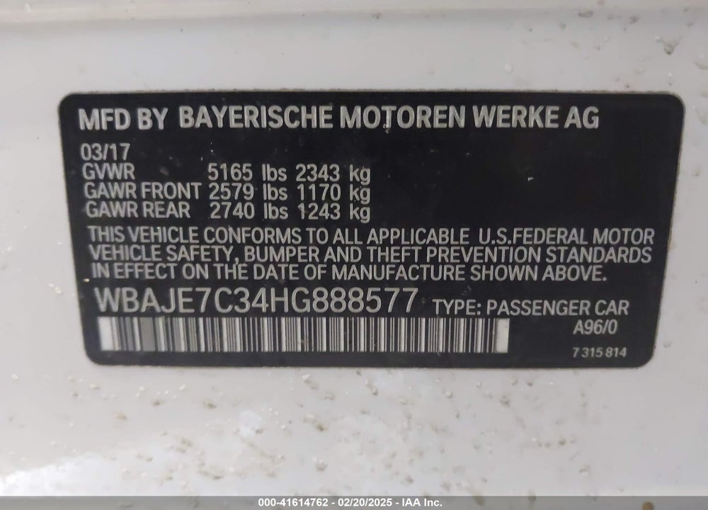 2017 BMW 540I VIN: WBAJE7C34HG888577