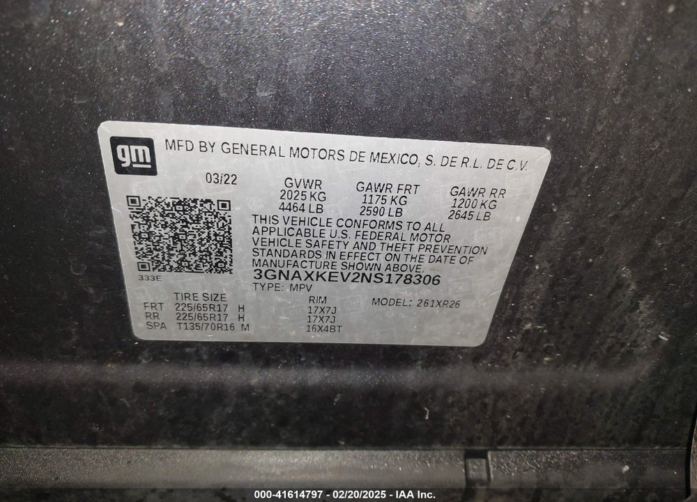 2022 CHEVROLET EQUINOX VIN: 3GNAXKEV2NS178306