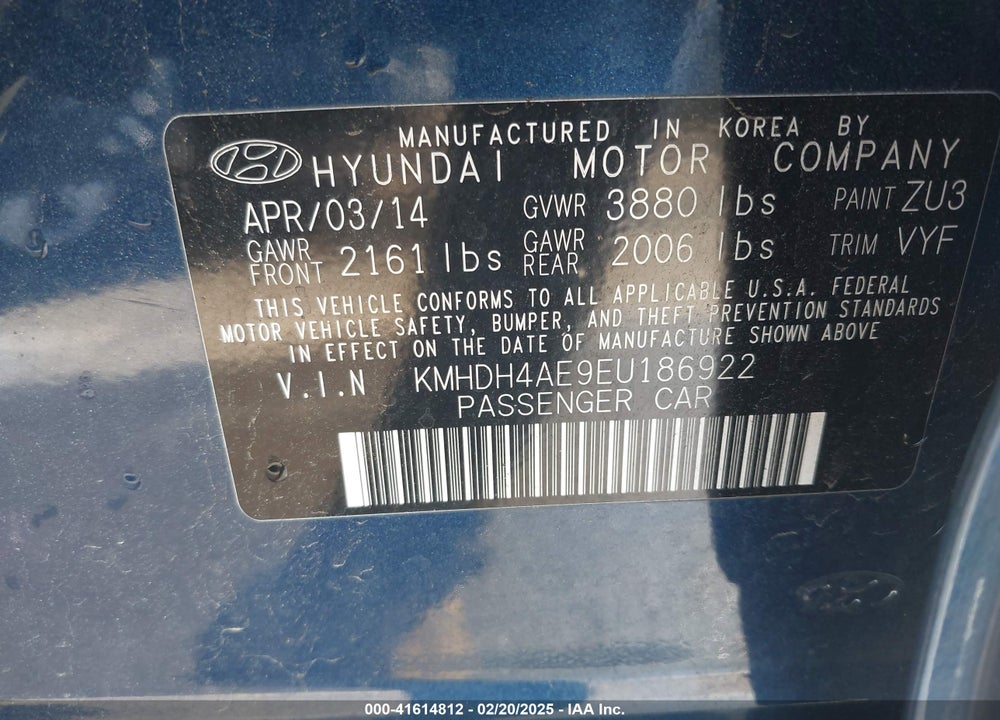 2014 HYUNDAI ELANTRA VIN: KMHDH4AE9EU186922