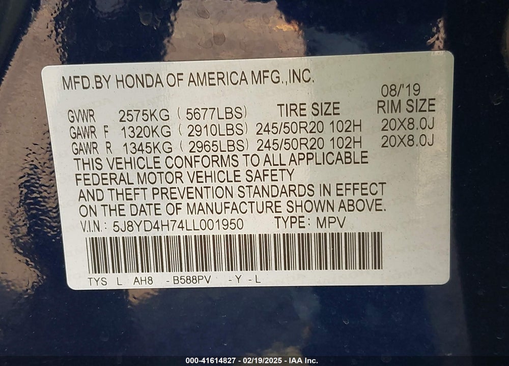 2020 ACURA MDX VIN: 5J8YD4H74LL001950
