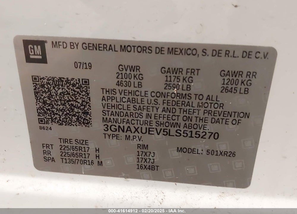 2020 CHEVROLET EQUINOX VIN: 3GNAXUEV5LS515270
