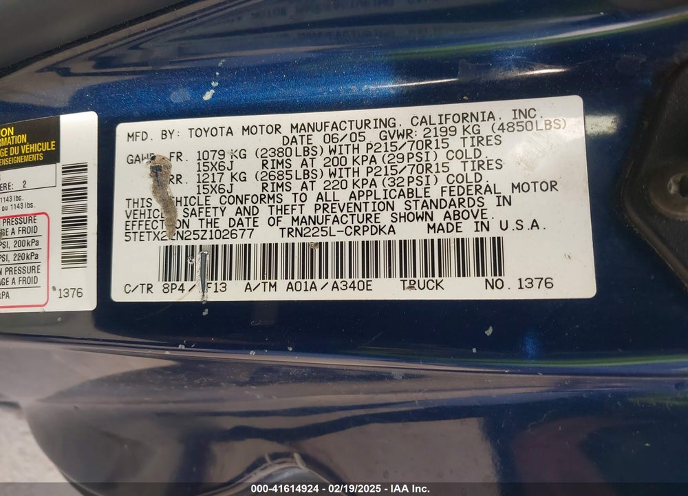 2005 TOYOTA TACOMA VIN: 5TETX22N25Z102677