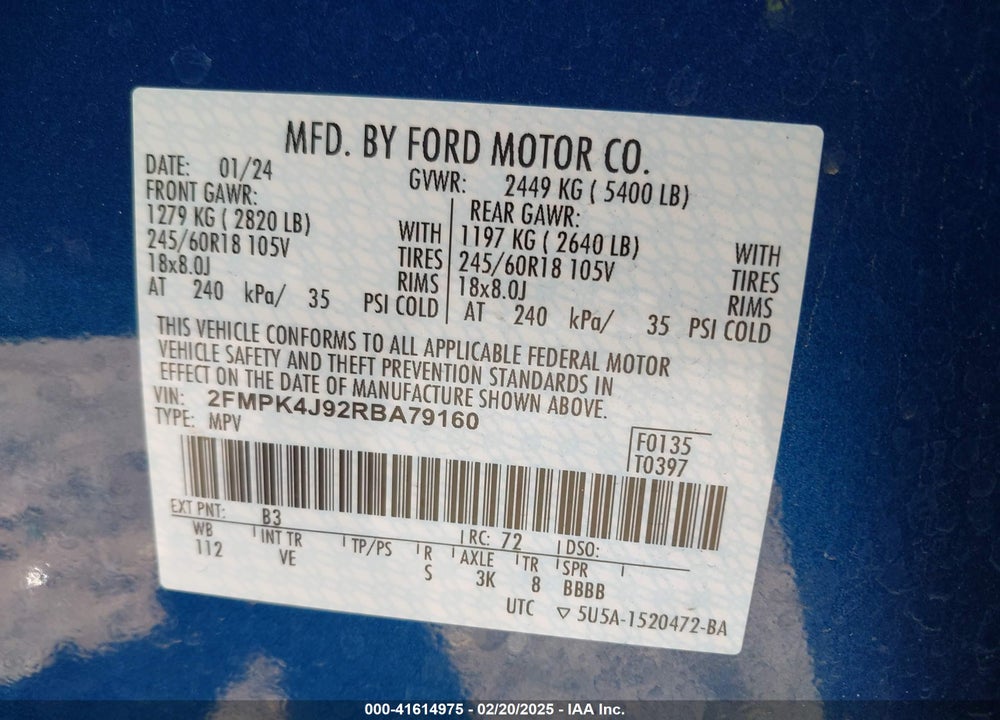 2024 FORD EDGE SEL VIN: 2FMPK4J92RBA79160