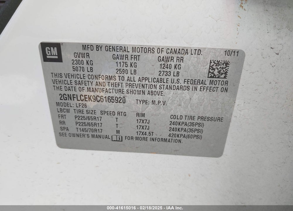2012 CHEVROLET EQUINOX LS VIN: 2GNFLCEK9C6165920