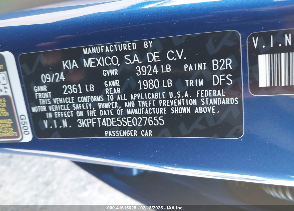 2025 KIA K4 LXS VIN: 3KPFT4DE5SE027655