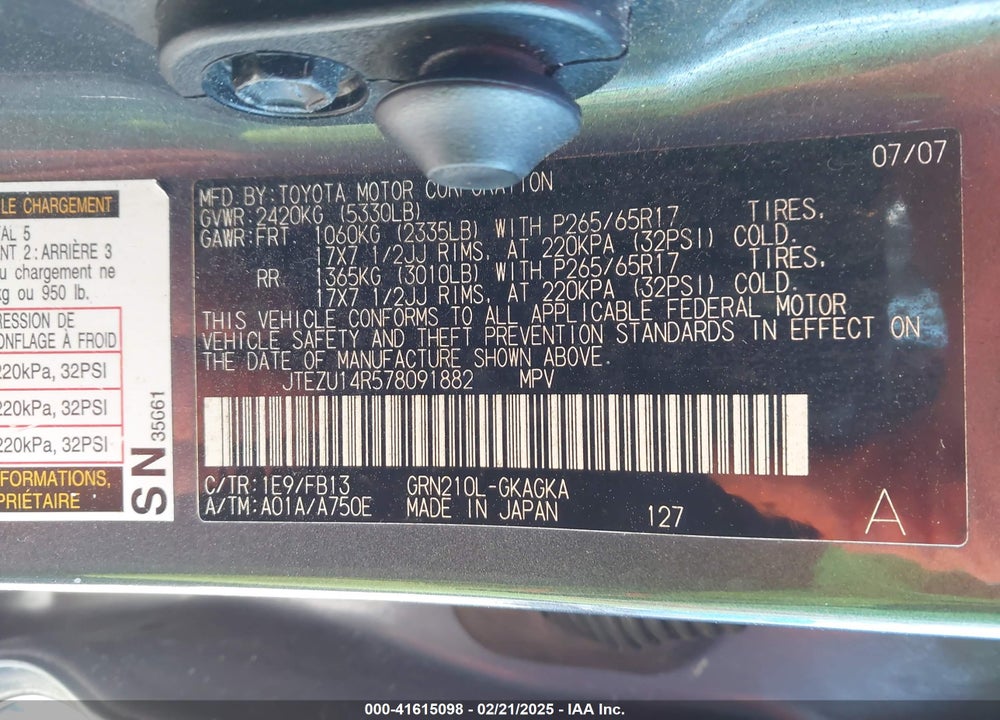 2007 TOYOTA 4RUNNER SPORT V6 VIN: JTEZU14R578091882