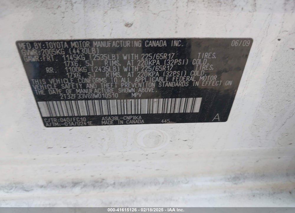 2009 TOYOTA RAV4 VIN: 2T3ZF33V69W010510