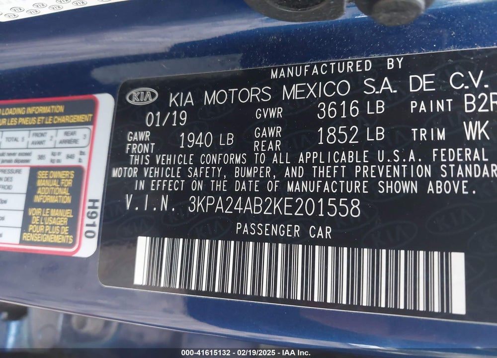 2019 KIA RIO VIN: 3KPA24AB2KE201558