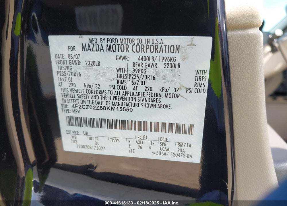2008 MAZDA TRIBUTE I TOURING VIN: 4F2CZ02Z68KM15550