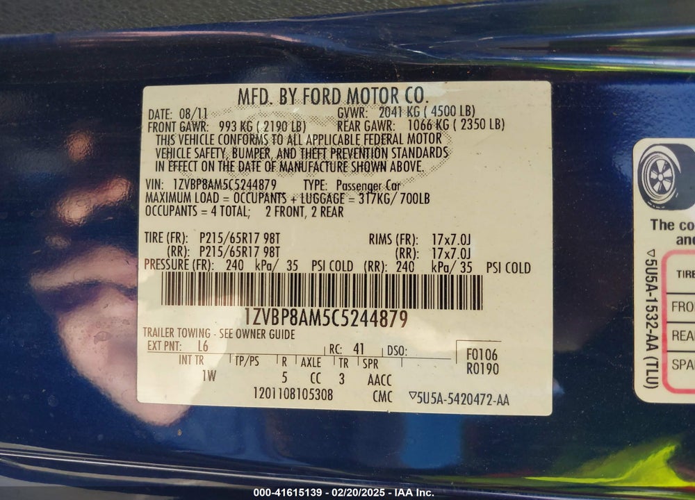 2012 FORD MUSTANG V6 VIN: 1ZVBP8AM5C5244879