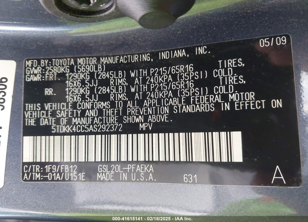 2010 TOYOTA SIENNA CE VIN: 5TDKK4CC5AS292372