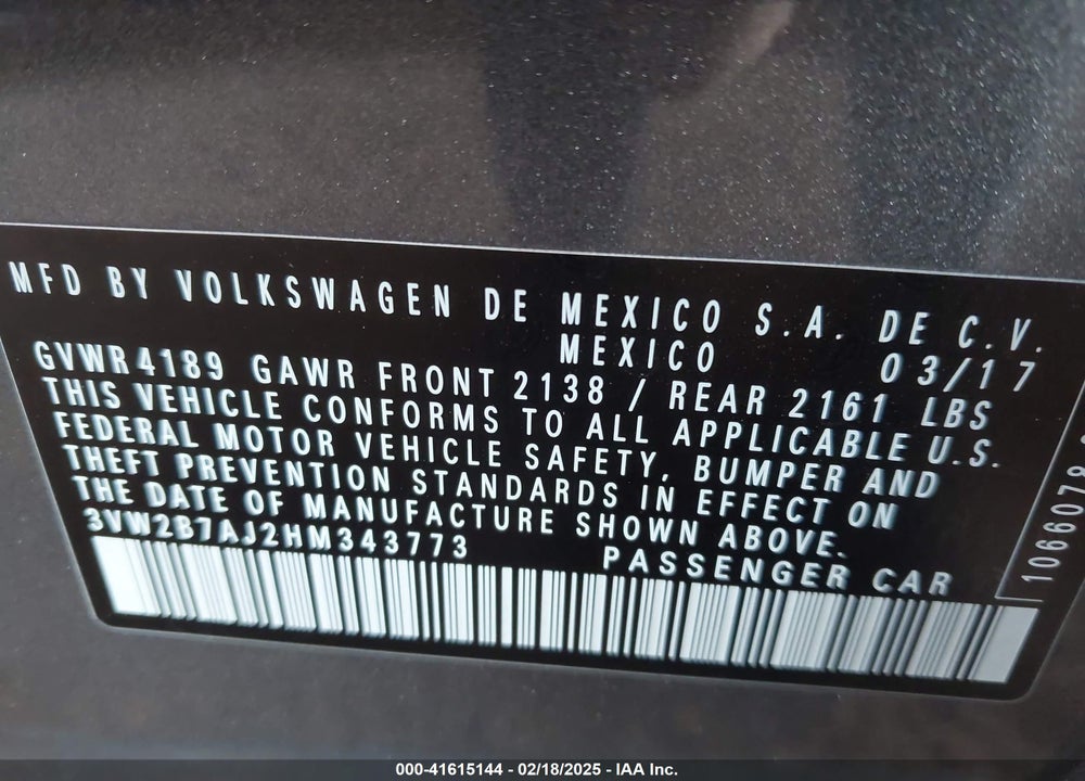 2017 VOLKSWAGEN JETTA VIN: 3VW2B7AJ2HM343773