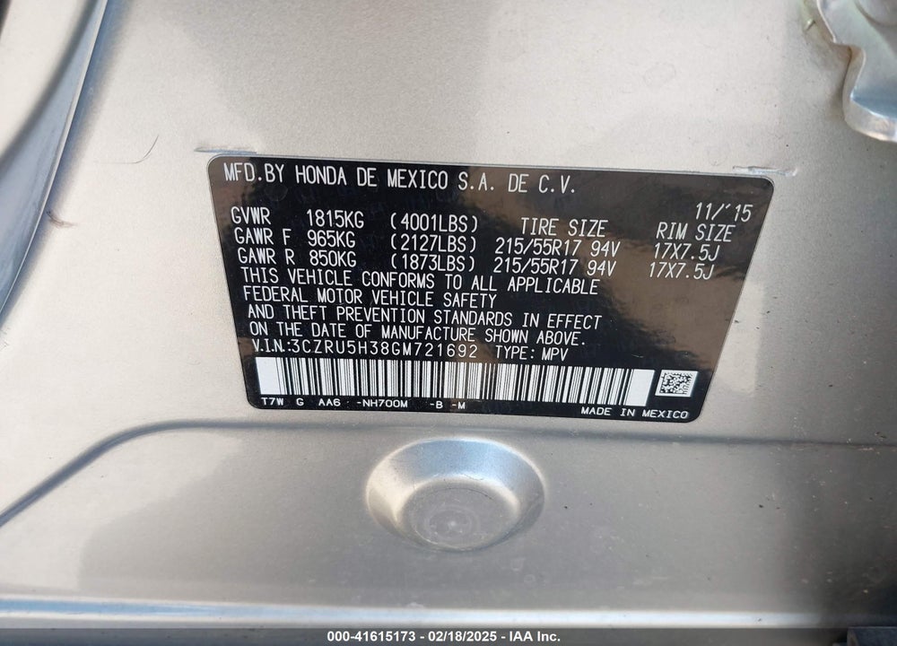 2016 HONDA HR-V LX VIN: 3CZRU5H38GM721692