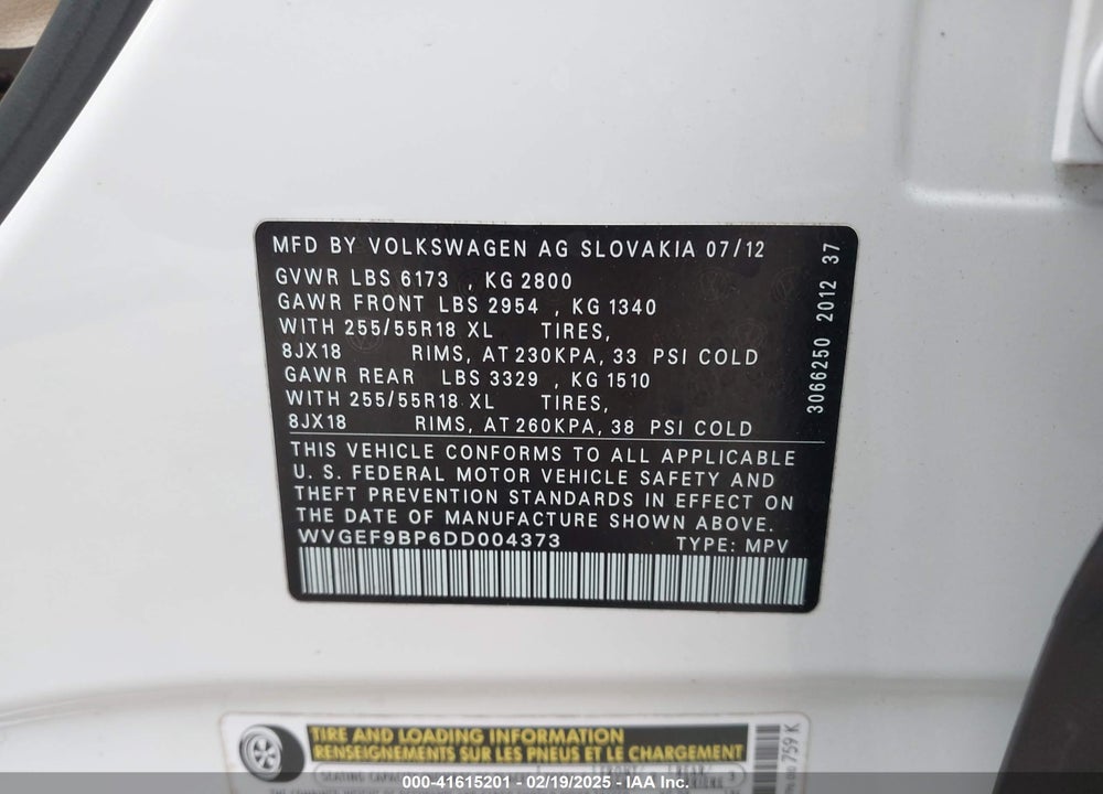 2013 VOLKSWAGEN TOUAREG VIN: WVGEF9BP6DD004373