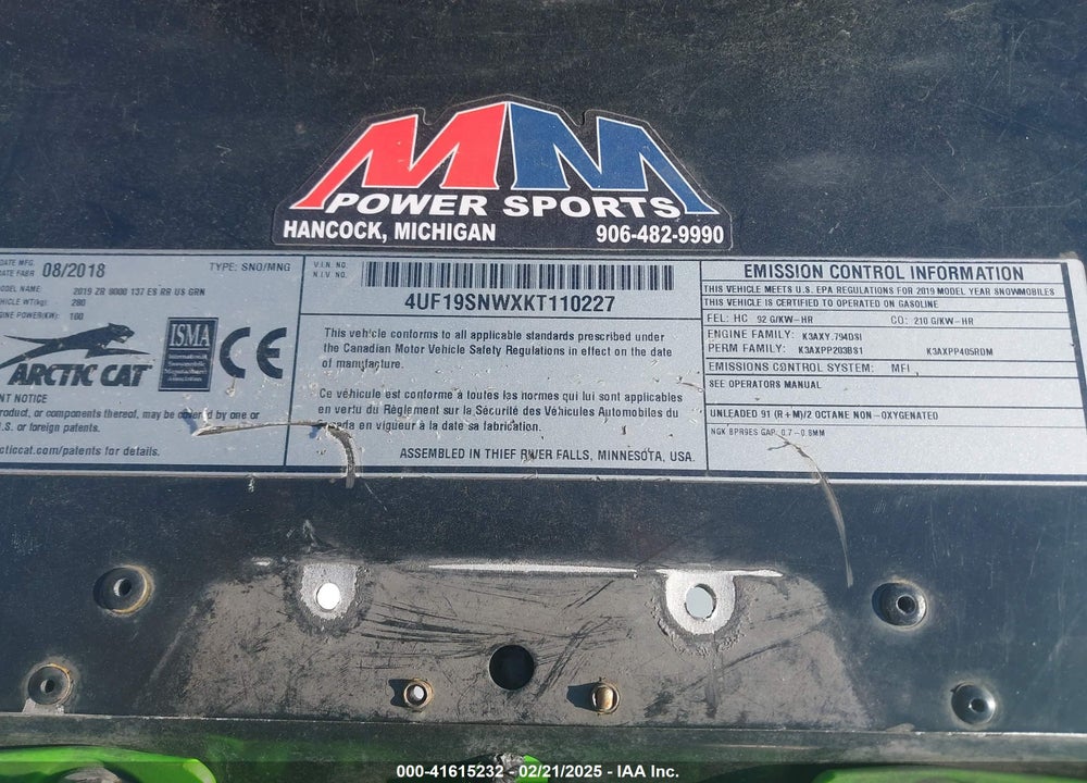 2019 ARCTIC CAT ZR 8000 VIN: 4UF19SNWXKT110227