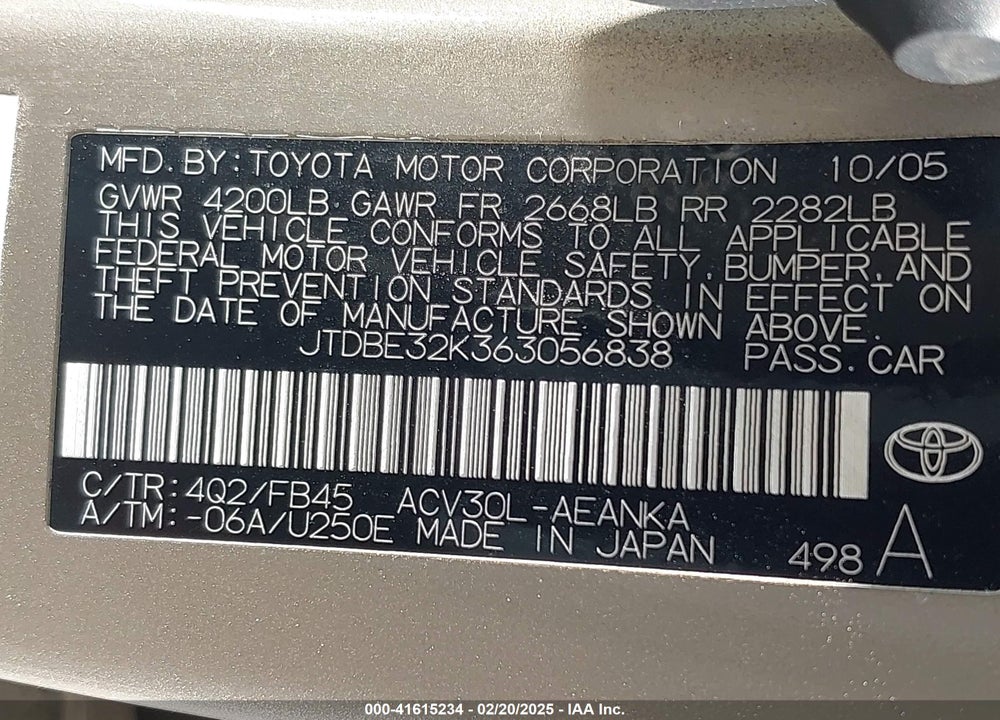 2006 TOYOTA CAMRY VIN: JTDBE32K363056838