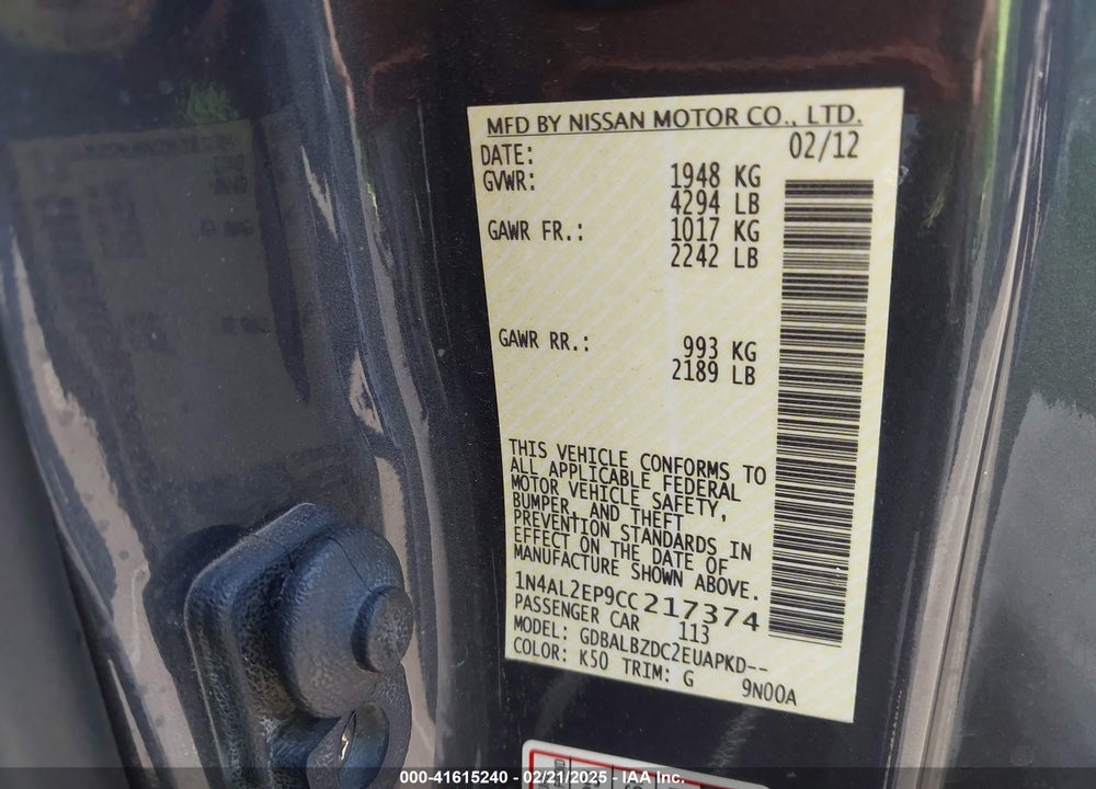 2012 NISSAN ALTIMA VIN: 1N4AL2EP9CC217374
