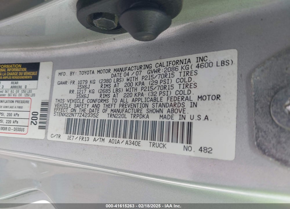 2007 TOYOTA TACOMA VIN: 5TENX22N77Z423352