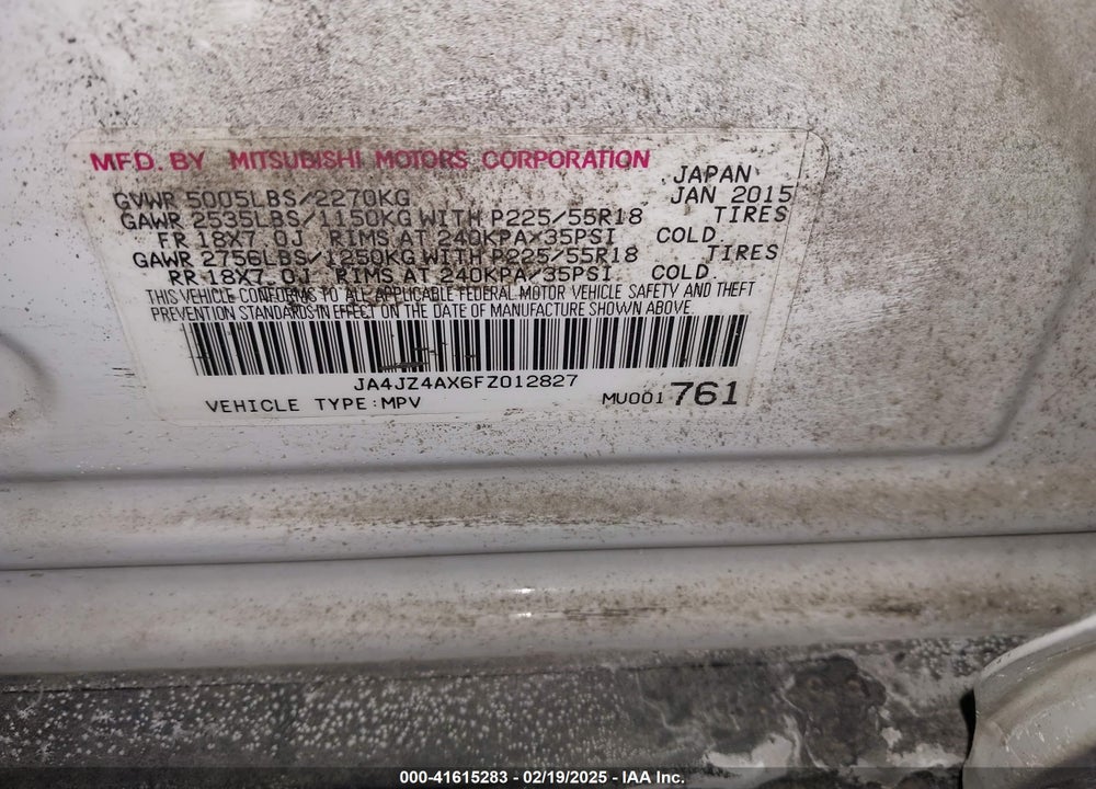 2015 MITSUBISHI OUTLANDER GT VIN: JA4JZ4AX6FZ012827