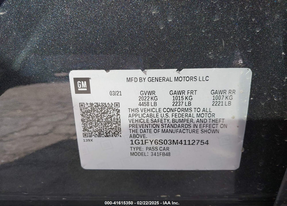 2021 CHEVROLET BOLT EV VIN: 1G1FY6S03M4112754