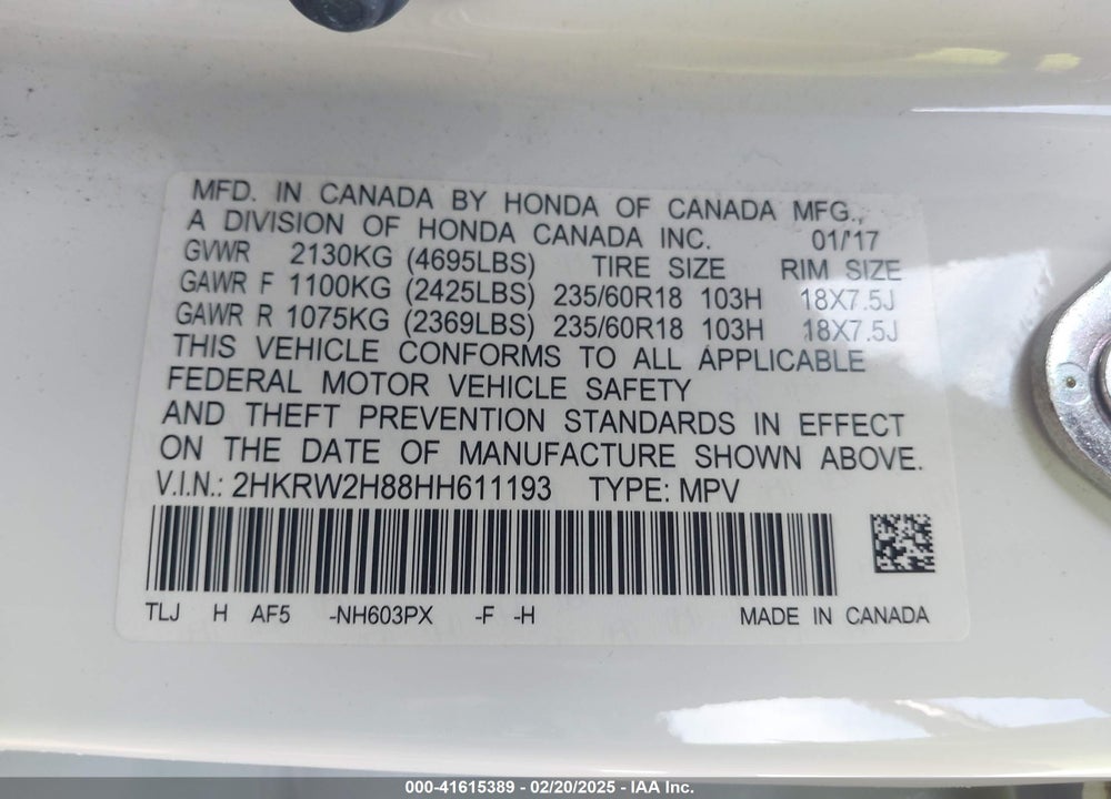 2017 HONDA CR-V EX-L/EX-L NAVI VIN: 2HKRW2H88HH611193