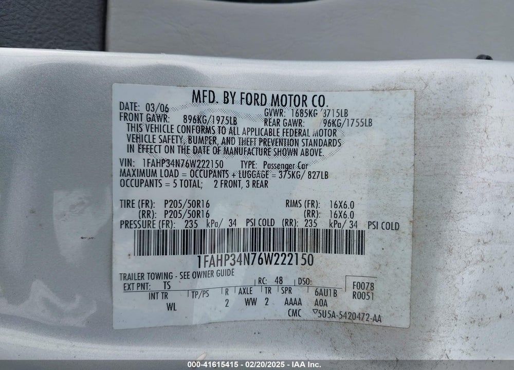 2006 FORD FOCUS ZX4 VIN: 1FAHP34N76W222150