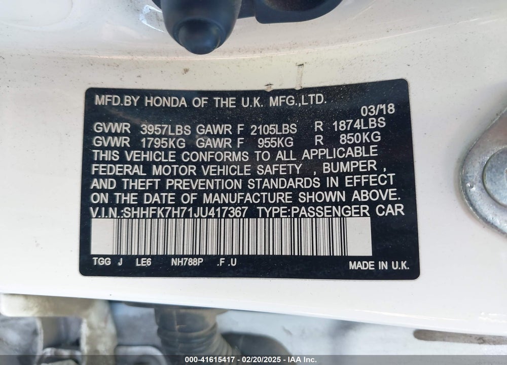 2018 HONDA CIVIC EX-L VIN: SHHFK7H71JU417367