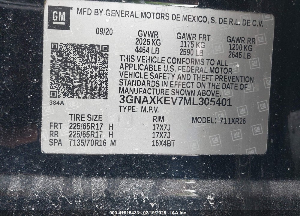 2021 CHEVROLET EQUINOX VIN: 3GNAXKEV7ML305401