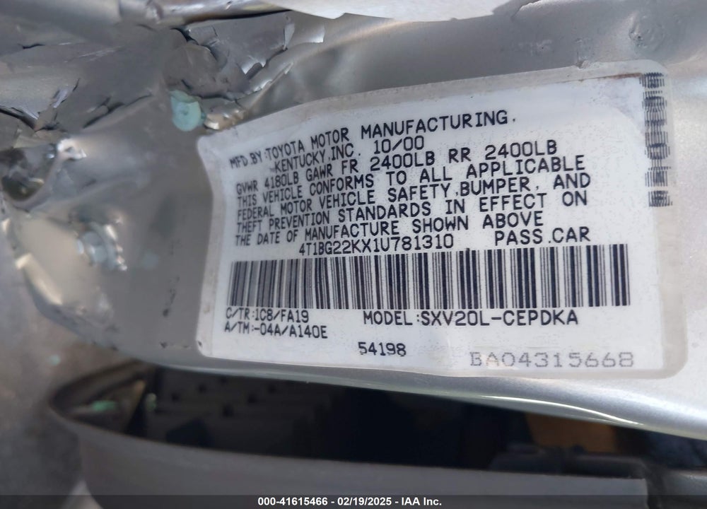 2001 TOYOTA CAMRY CE VIN: 4T1BG22KX1U781310