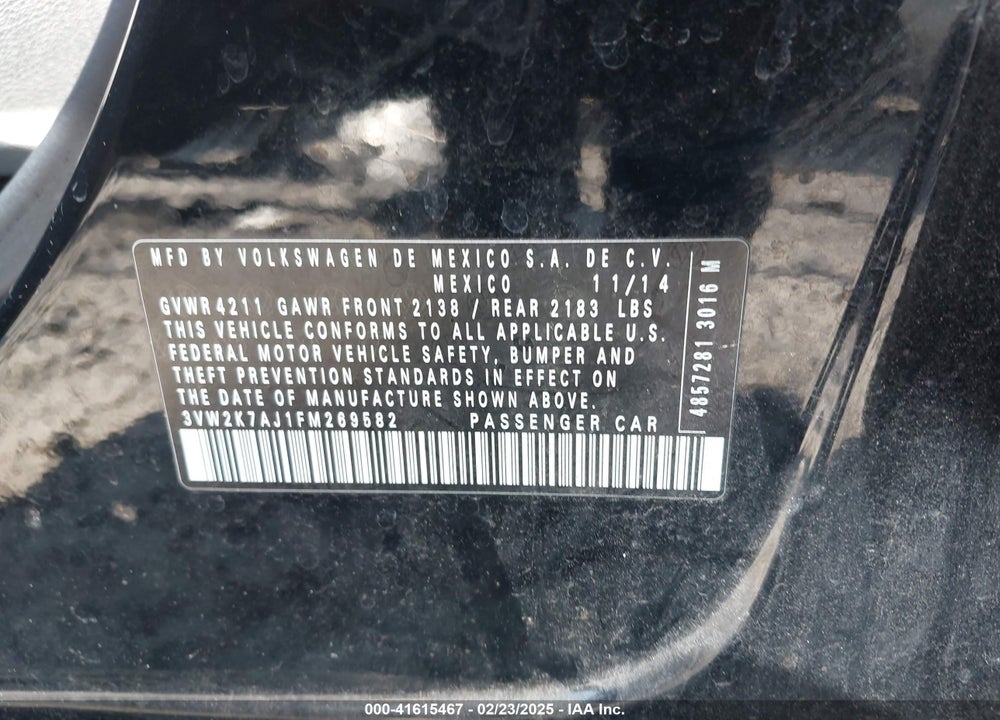 2015 VOLKSWAGEN JETTA VIN: 3VW2K7AJ1FM269582