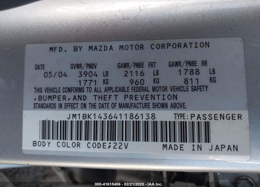 2004 MAZDA MAZDA3 VIN: JM1BK143641186138