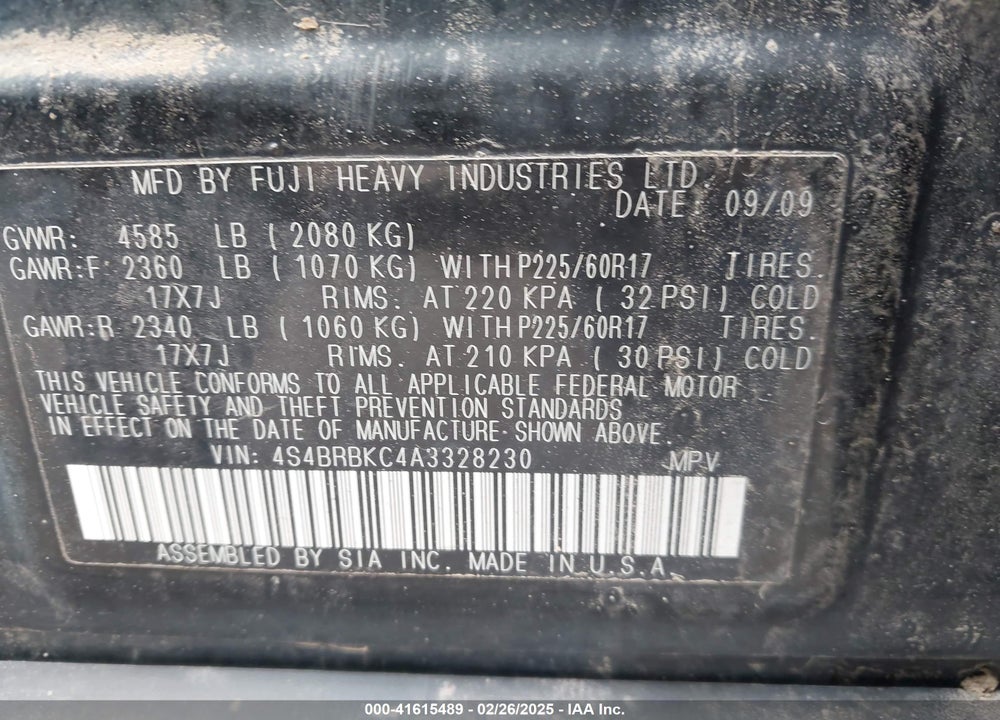 2010 SUBARU OUTBACK VIN: 4S4BRBKC4A3328230