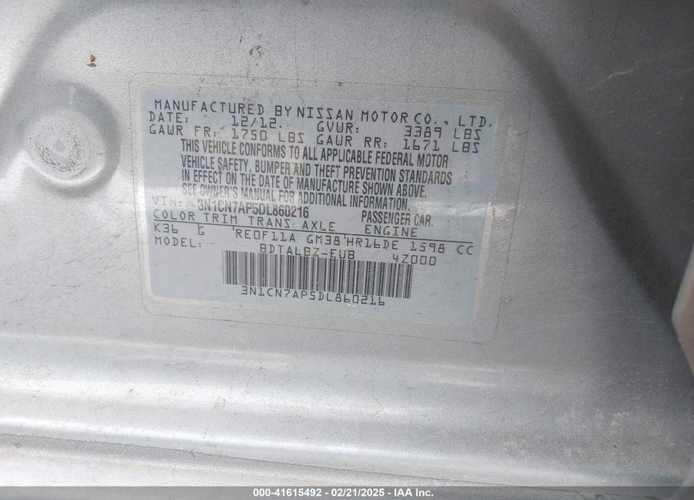 2013 NISSAN VERSA VIN: 3N1CN7AP5DL860216