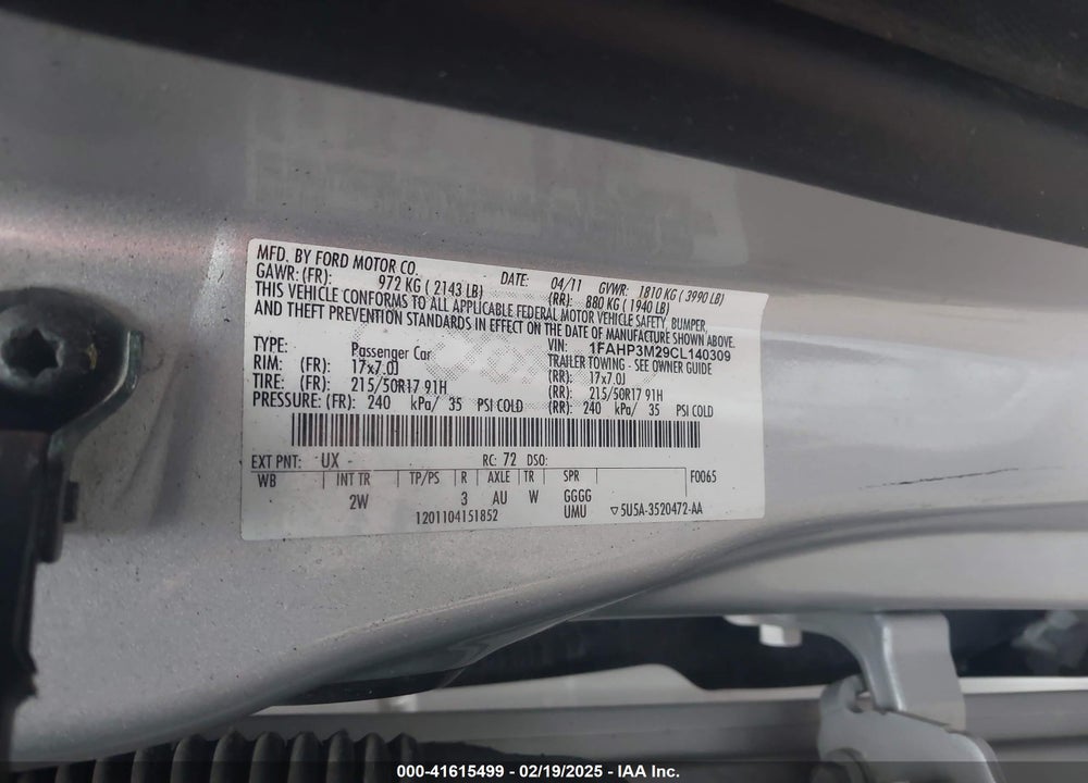 2012 FORD FOCUS VIN: 1FAHP3M29CL140309