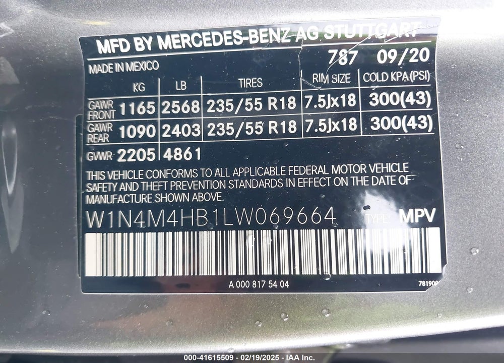 2020 MERCEDES-BENZ GLB 250 VIN: W1N4M4HB1LW069664