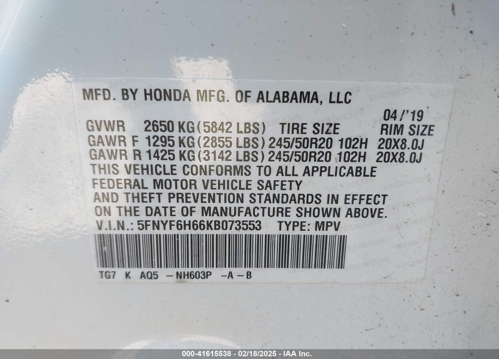 2019 HONDA PILOT TOURING VIN: 5FNYF6H66KB073553