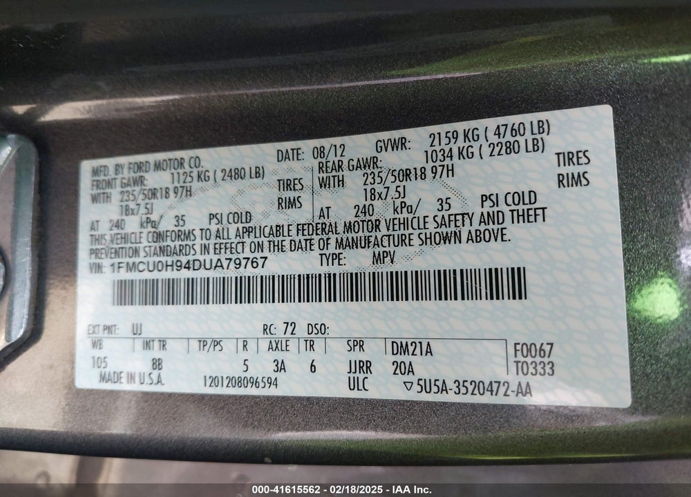 2013 FORD ESCAPE SEL VIN: 1FMCU0H94DUA79767