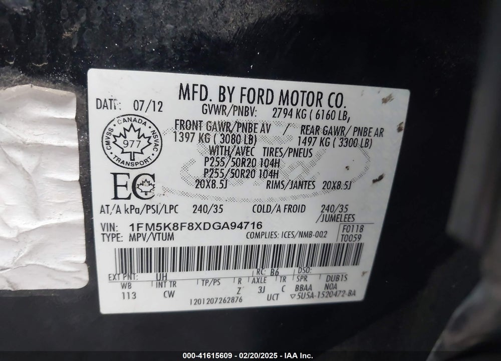 2013 FORD EXPLORER LIMITED VIN: 1FM5K8F8XDGA94716