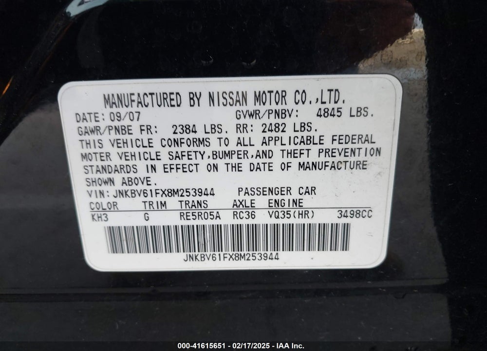 2008 INFINITI G35X VIN: JNKBV61FX8M253944