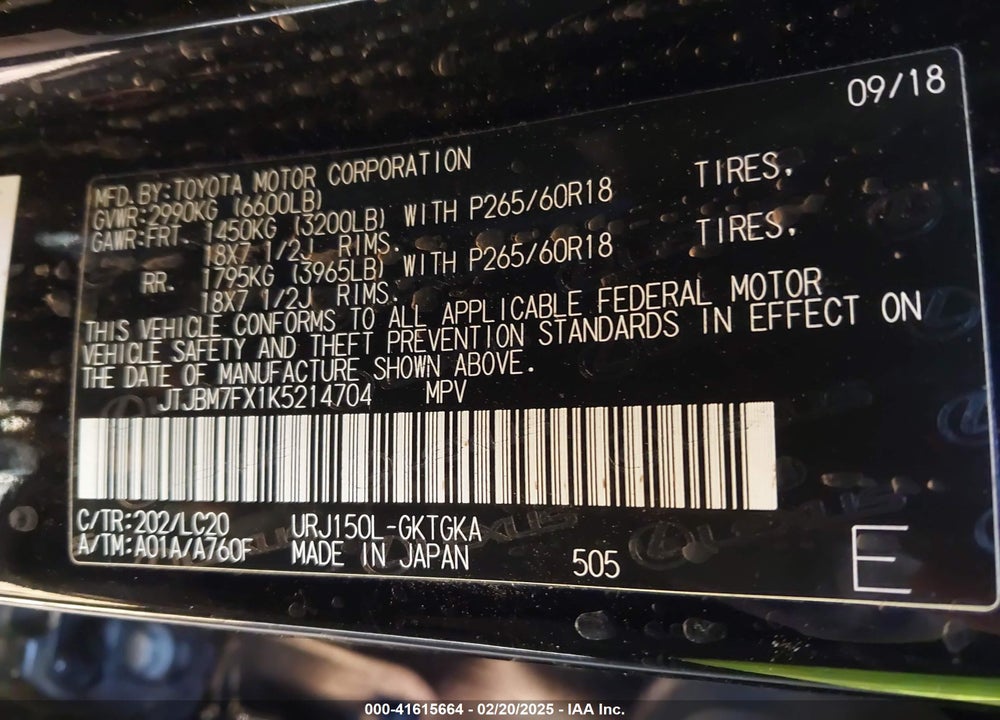 2019 LEXUS GX460 VIN: JTJBM7FX1K5214704