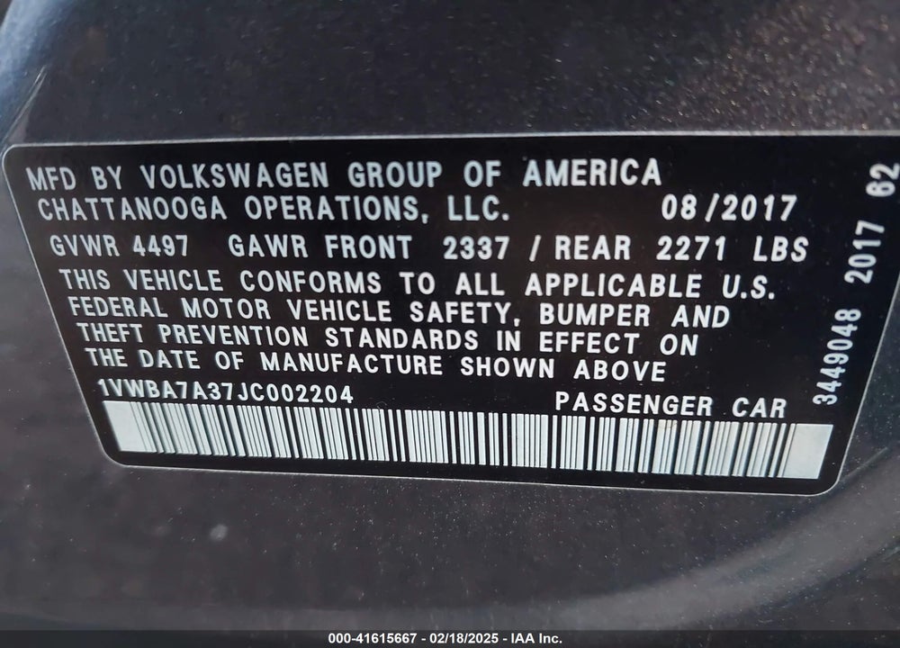 2018 VOLKSWAGEN PASSAT VIN: 1VWBA7A37JC002204