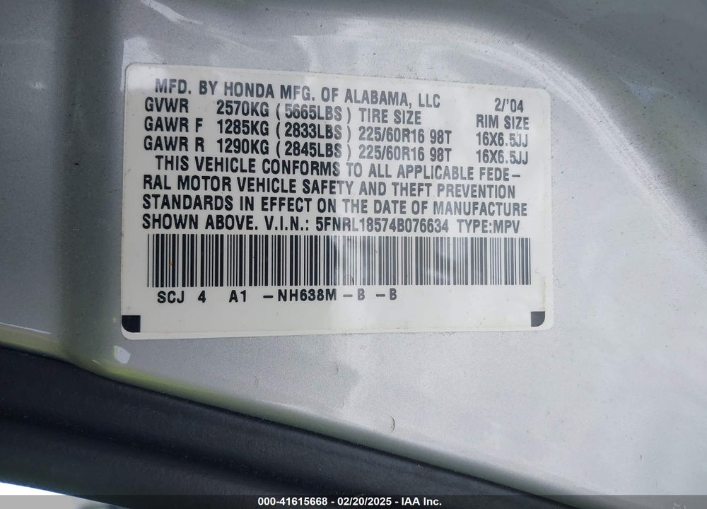 2004 HONDA ODYSSEY LX VIN: 5FNRL18574B076634