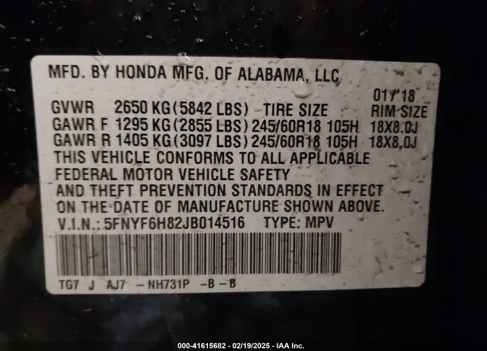 2018 HONDA PILOT EX-L VIN: 5FNYF6H82JB014516