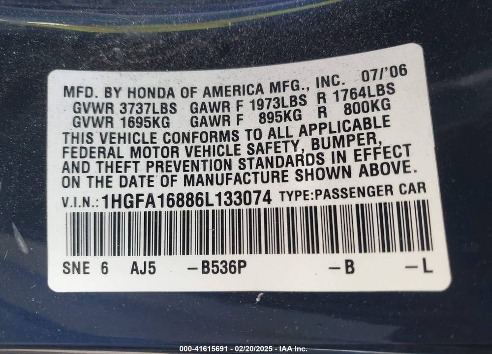 2006 HONDA CIVIC VIN: 1HGFA16886L133074