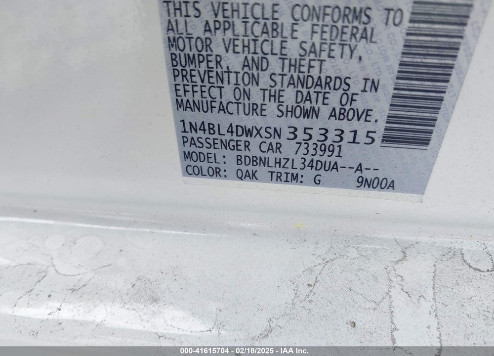 2025 NISSAN ALTIMA VIN: 1N4BL4DWXSN353315
