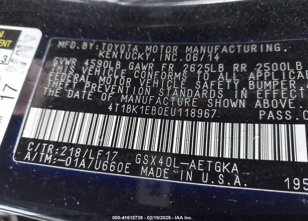 2014 TOYOTA AVALON XLE PREMIUM VIN: 4T1BK1EB0EU118967