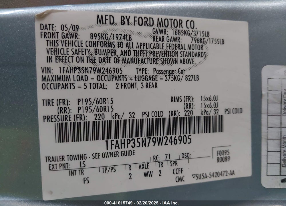 2009 FORD FOCUS SE VIN: 1FAHP35N79W246905