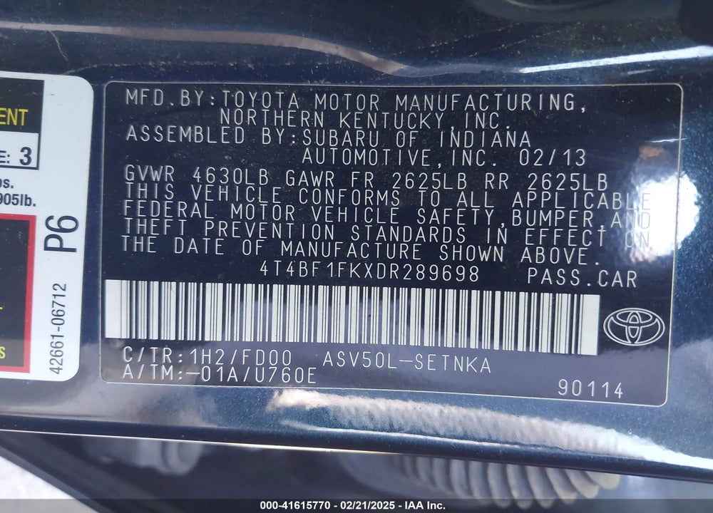 2013 TOYOTA CAMRY VIN: 4T4BF1FKXDR289698