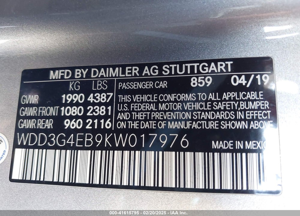 2019 MERCEDES-BENZ A 220 VIN: WDD3G4EB9KW017976