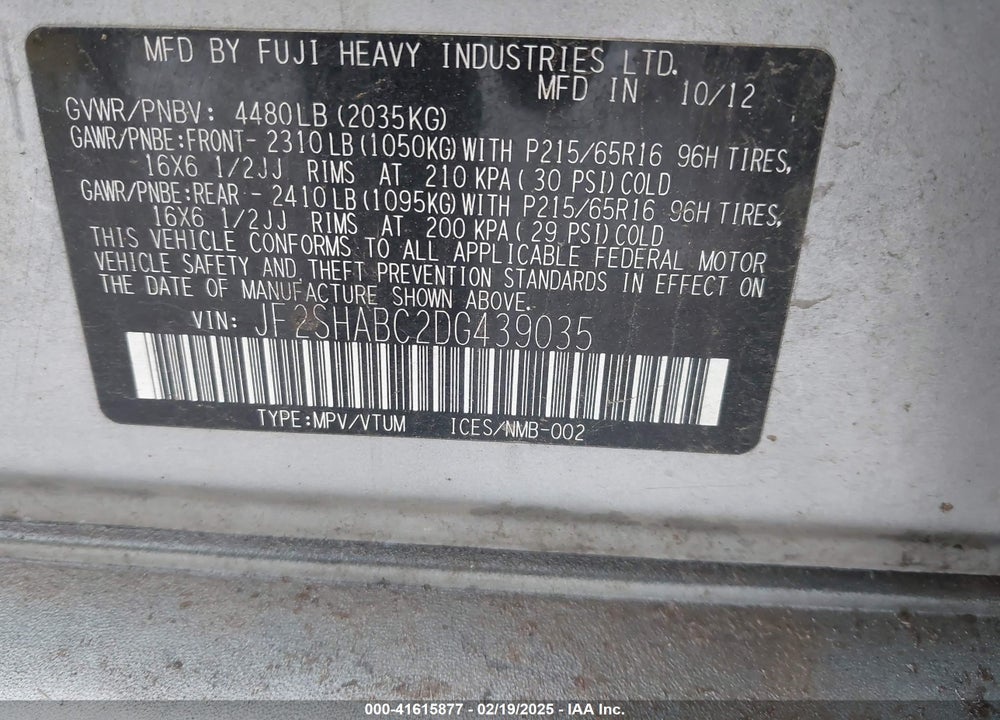 2013 SUBARU FORESTER 2.5X VIN: JF2SHABC2DG439035